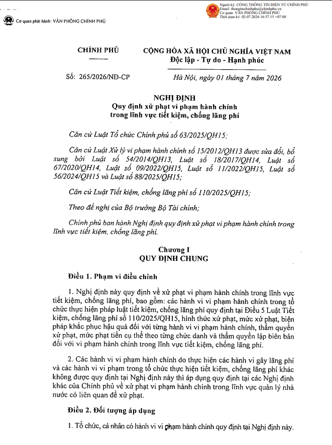 Trang đầu Nghị định số 265/2026/NĐ-CP ngày 01/7/2026 của Chính phủ quy định xử phạt vi phạm hành chính trong lĩnh vực tiết kiệm, chống lãng phí.
